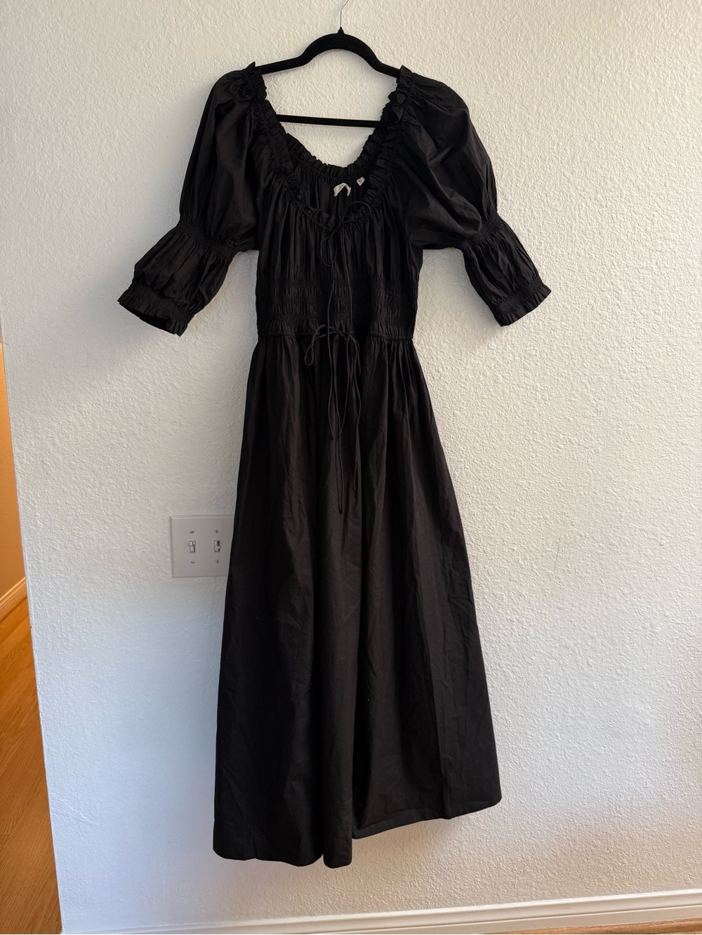 DÔEN Ischia Smocked Puff Sleeve Midi Dress Black Size XL - Picture 10 of 10